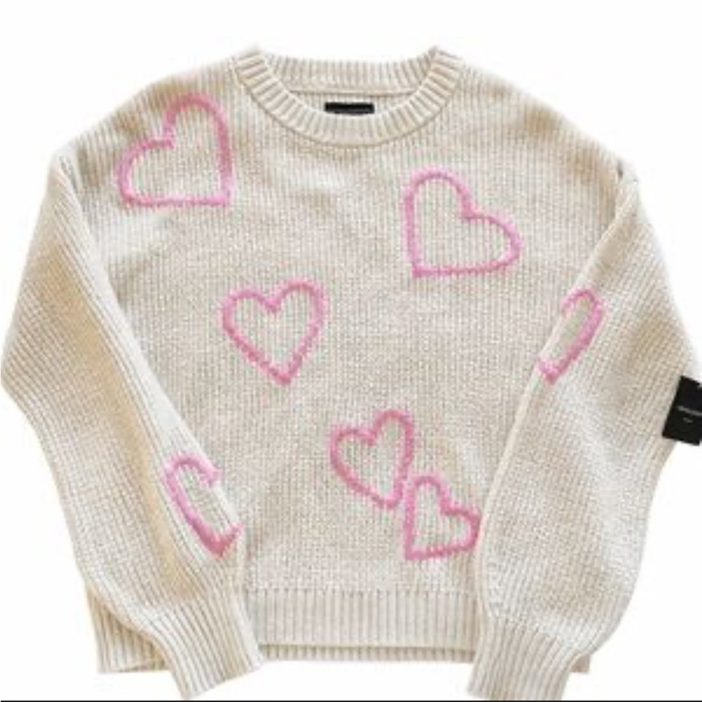 Cream Sweater with Pink Heart Accents